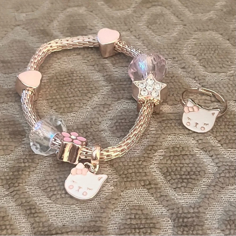 (kids) 🎉Rose Gold Cat Heart Star Crystal Charm Bracelet & Cat Ring